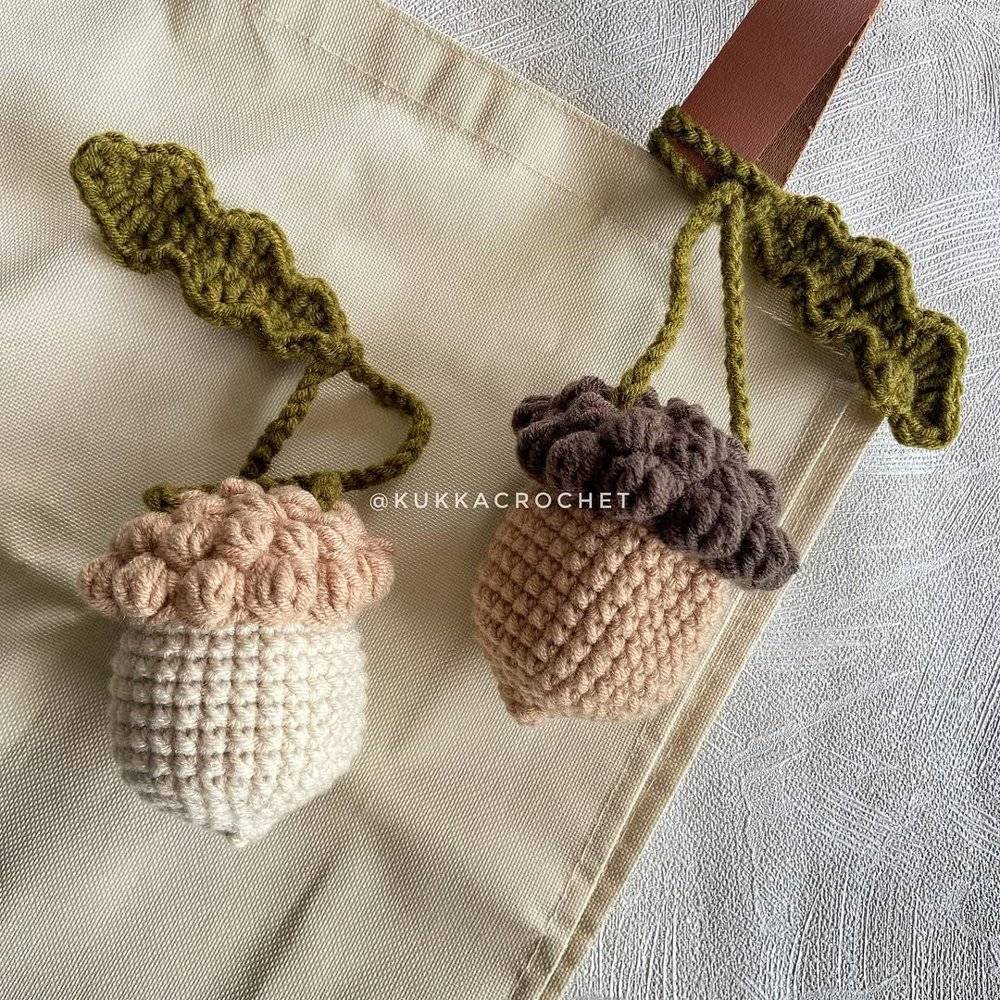 Adorable Crochet Acorn Charms with Leafy Stems