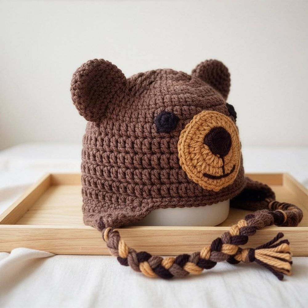 Adorable Crochet Bear Hat with Braided Ties