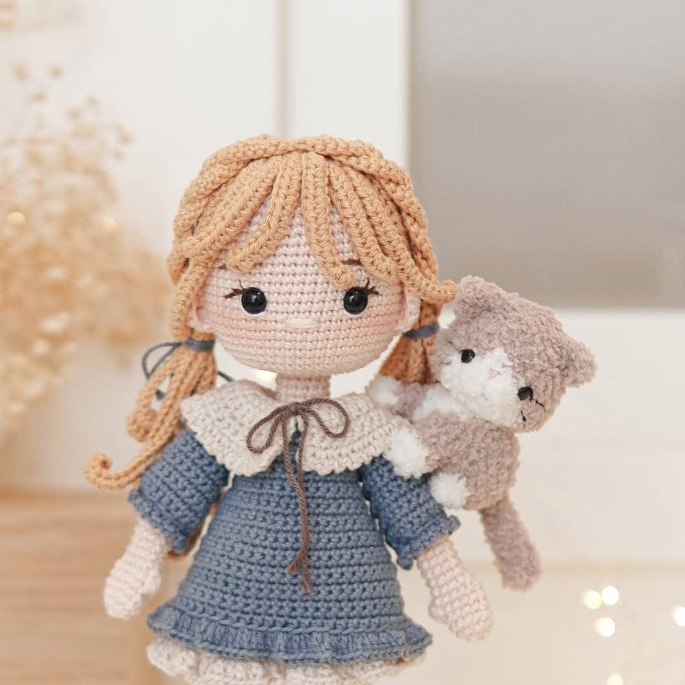 Amigurumi Doll with Crocheted Dress and Kitty Companion