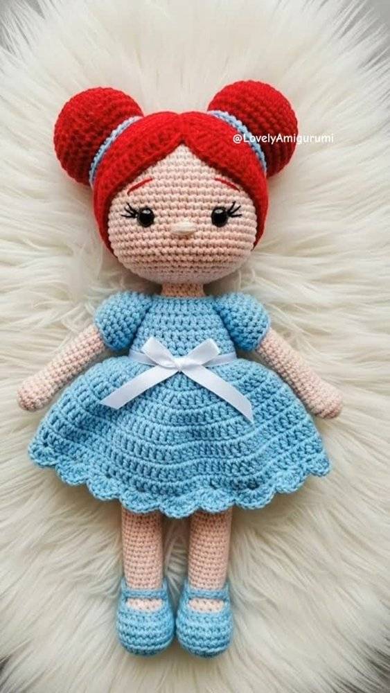 Amigurumi Doll with a Blue Crocheted Dress