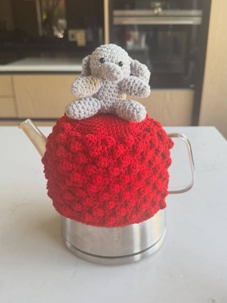 Bobble Stitch Crochet Tea Cozy with Amigurumi Elephant Topper