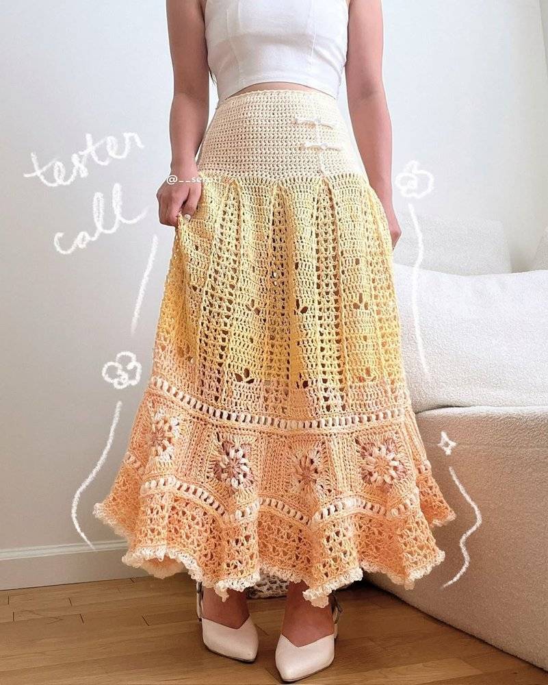 Bohemian Crochet Maxi Skirt with Floral Motifs