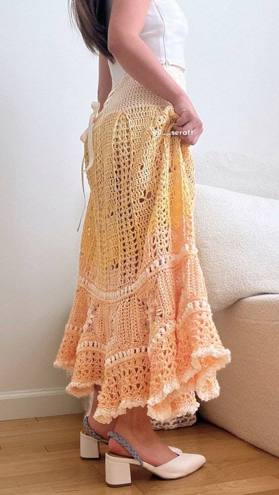 Bohemian Crochet Maxi Skirt with Tiered Ruffles