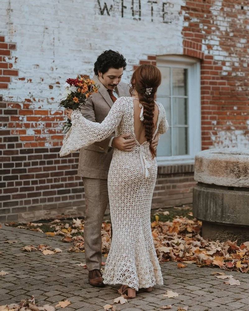 Bohemian Crochet Wedding Dress with Bell Sleeves