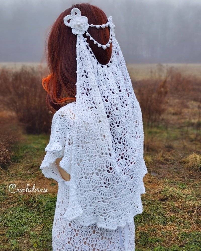 Bohemian Crochet Wedding Veil with Pearl Accents