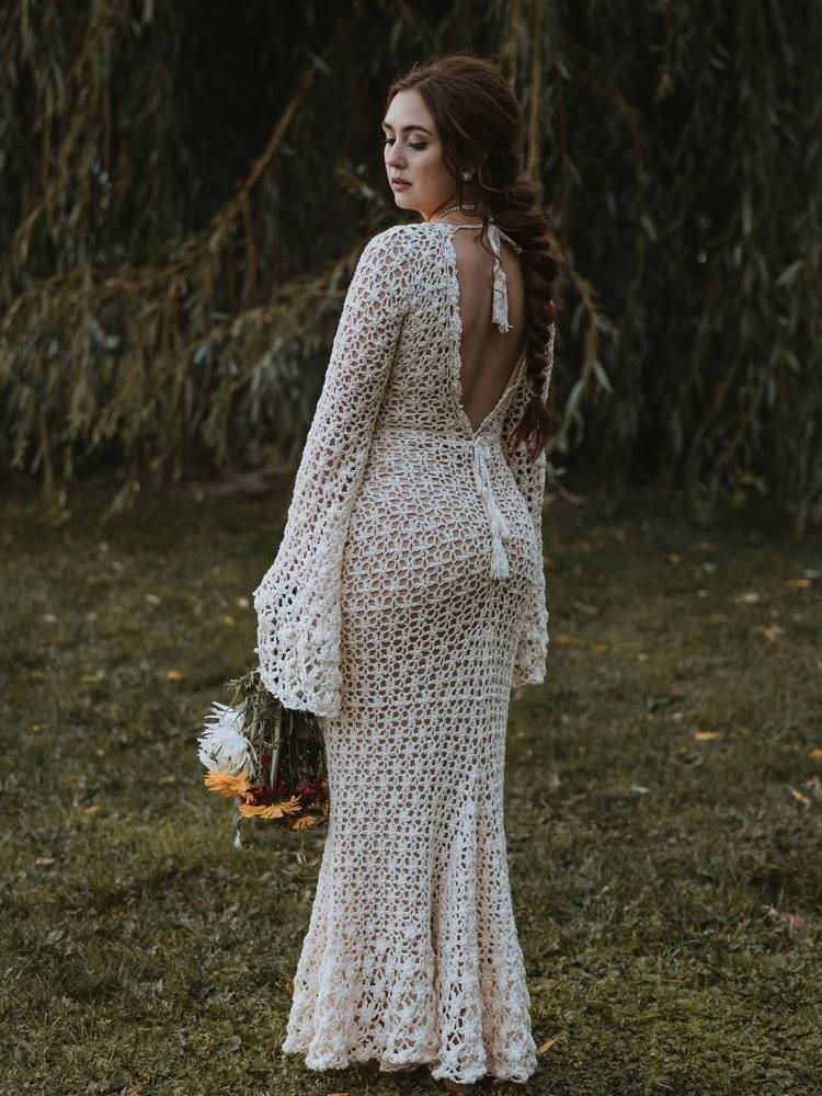 Bohemian Long-Sleeve Crochet Wedding Gown