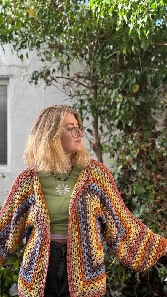 Bohemian Striped Granny Square Crochet Cardigan