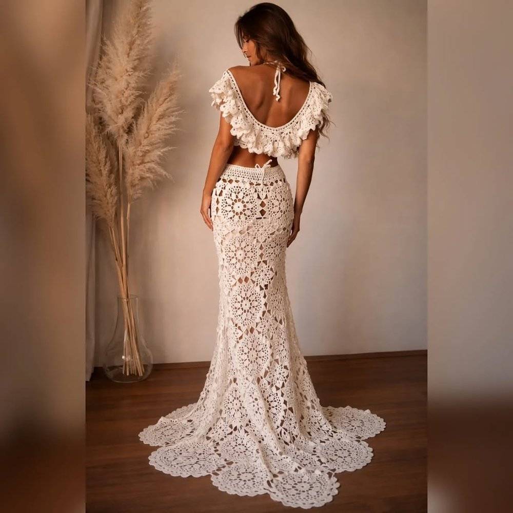 Boho Crochet Wedding Dress with Cascading Train