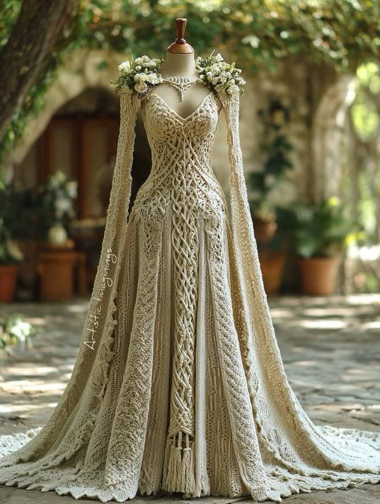 Boho Crochet Wedding Gown with Cape Sleeves