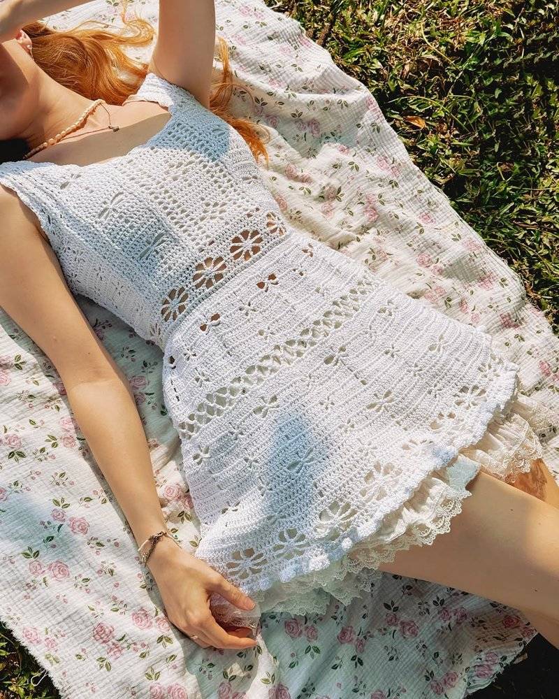 Boho Lace-Inspired Crochet Mini Dress