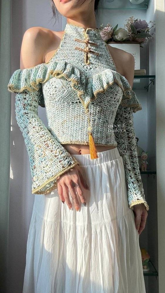 Boho Off-the-Shoulder Crochet Top with Bell Sleeves