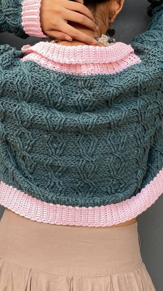 Cable Knit Crochet Cardigan with Contrast Trim