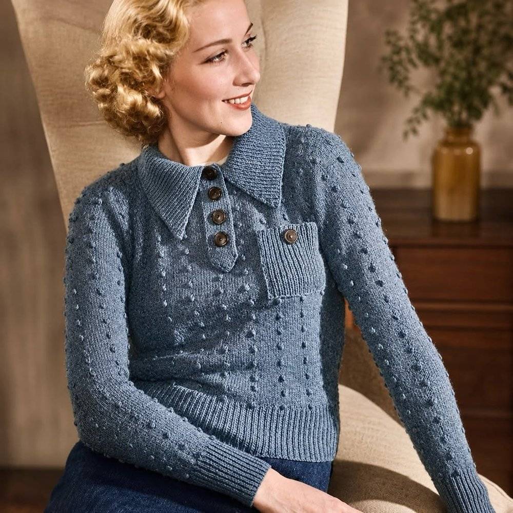 Charming Bobble Stitch Collared Sweater