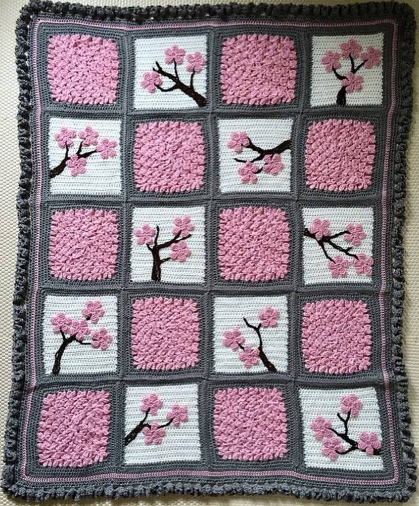Charming Cherry Blossom Crochet Blanket