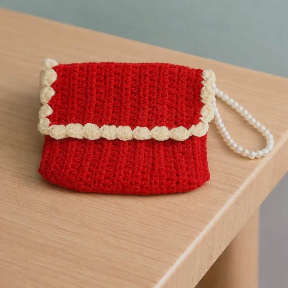 Charming Red Crochet Card Holder with Scalloped Edge