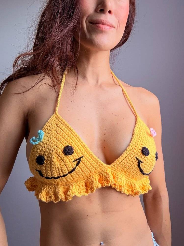Cheery Crochet Smiley Face Bikini Top