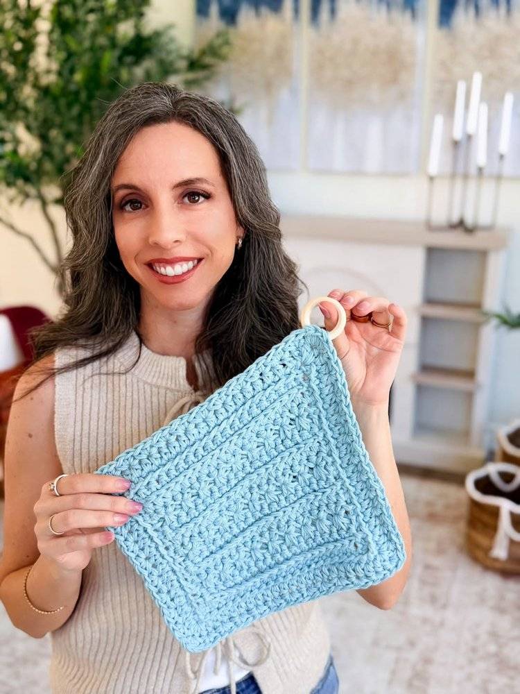 Chic Blue Crochet Potholder with Wooden Ring