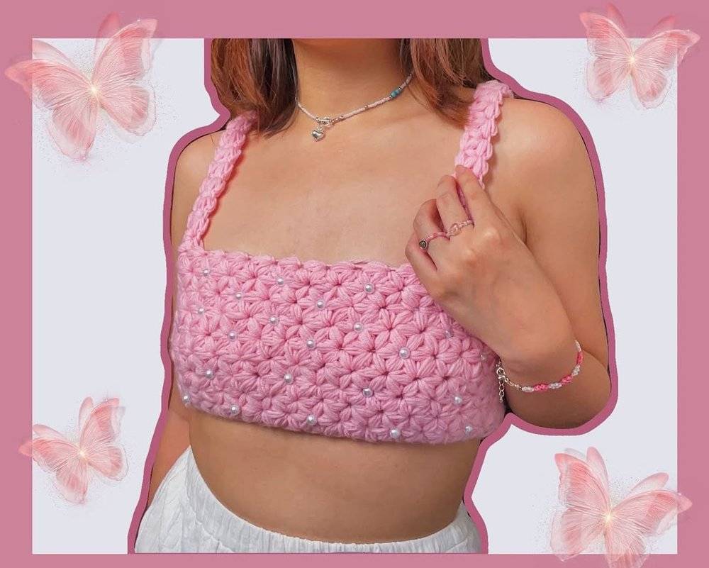 Chic Pink Crochet Crop Top with Pearl Embellishments