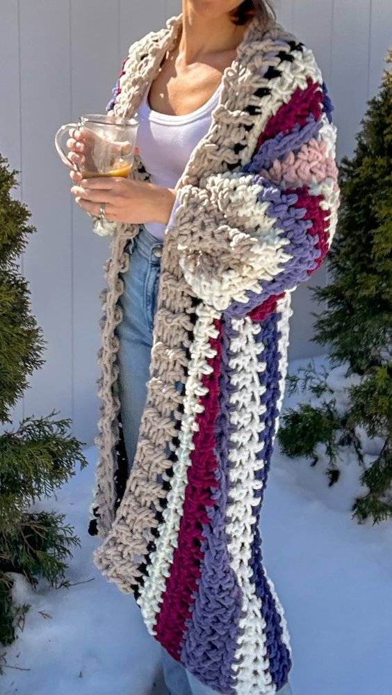 Chunky Stripe Color Block Crochet Cardigan