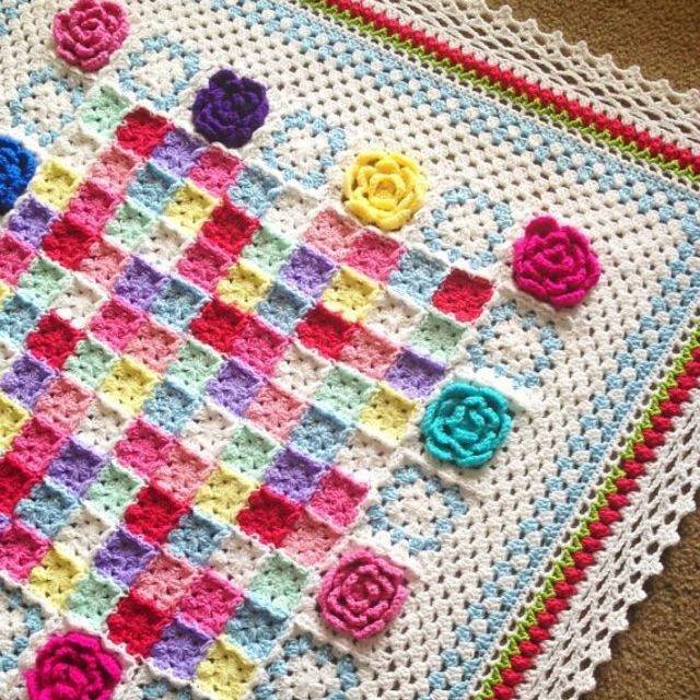 Colorful C2C Crochet Blanket with Floral Appliques