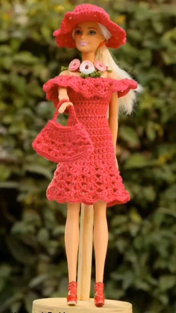 Coral Crochet Doll Dress with Matching Hat and Bag