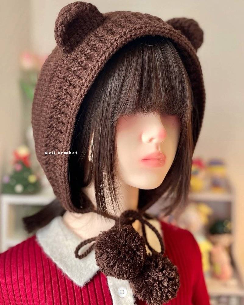 Cozy Crochet Bear Hat with Pom-Pom Ties