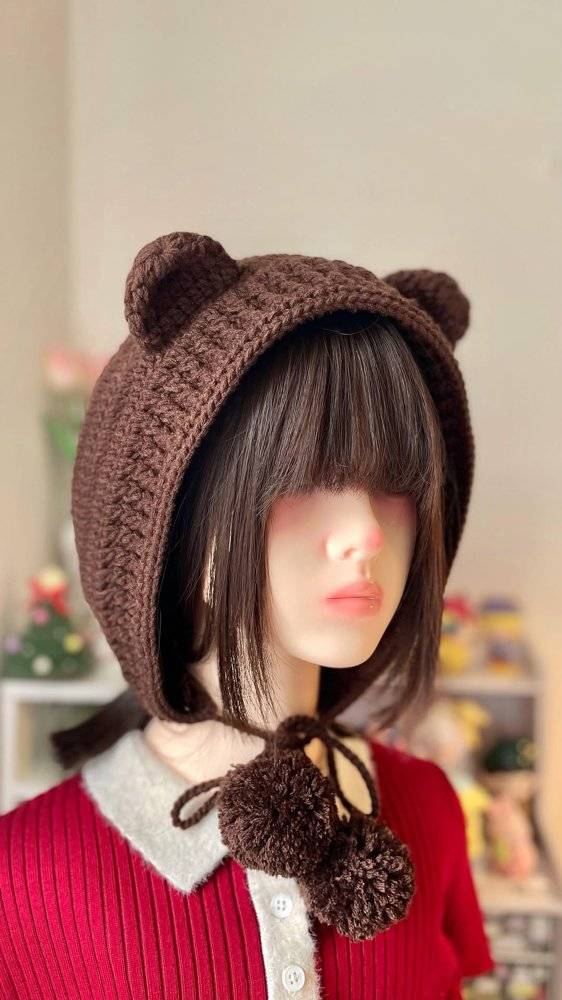 Cozy Crochet Bear Hat with Pom-Pom Ties