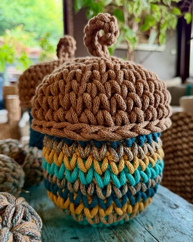 Cozy Striped Acorn Crochet Baskets