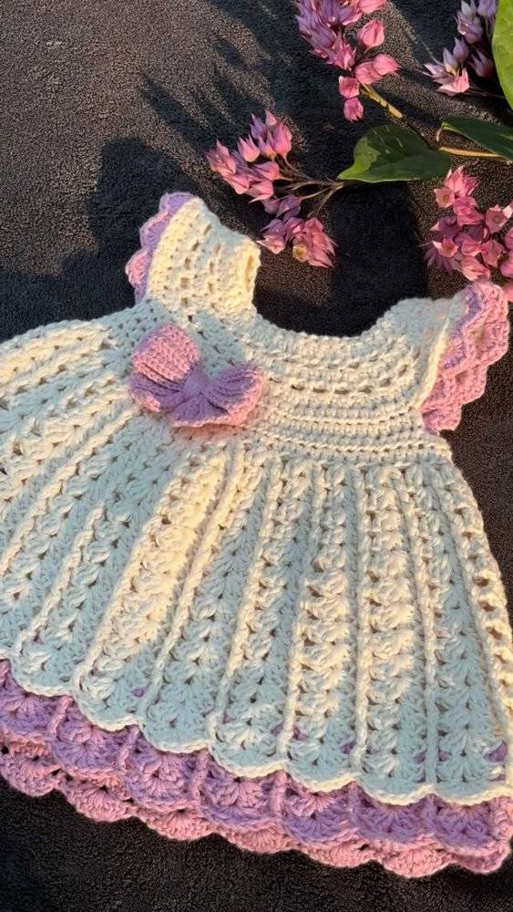 Cream and Lavender Crochet Baby Dress with Bow