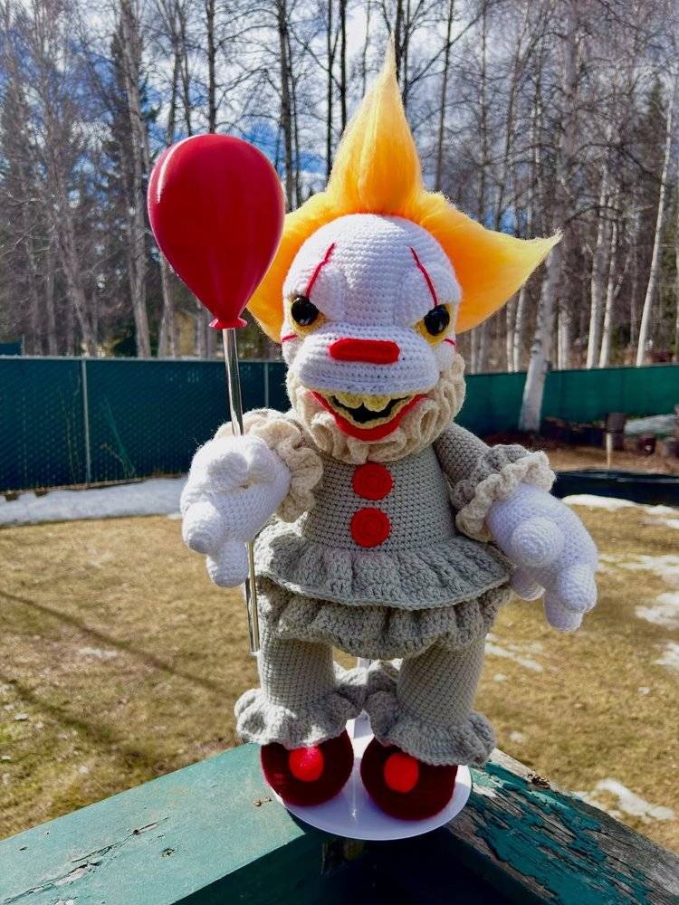 Creepy Clown Crochet Doll with Red Balloon