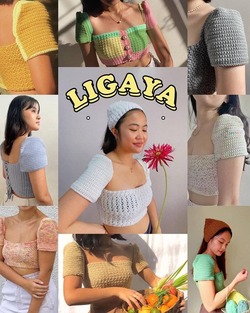 Crochet Puff Sleeve Square Neck Crop Tops