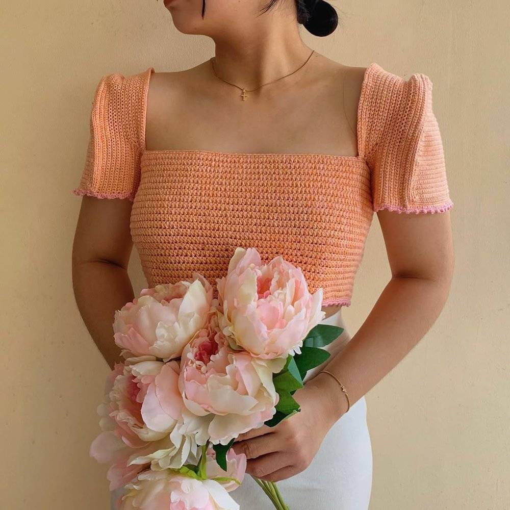 Crochet Square Neck Top with Puff Sleeves