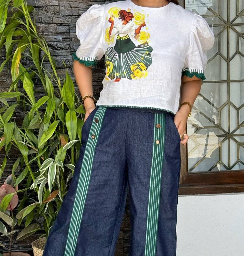 Crochet Trimmed Puff Sleeve Top and Wide-Legged Pants