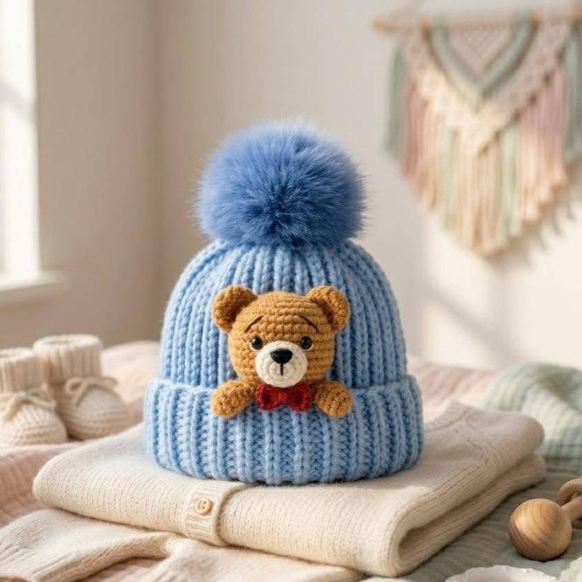 Crocheted Blue Bear Beanie with Pom-Pom