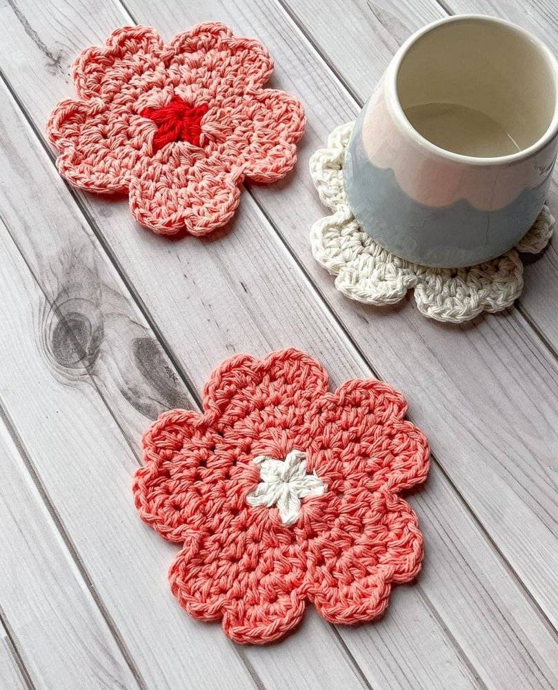 Crocheted Cherry Blossom Flower Coasters