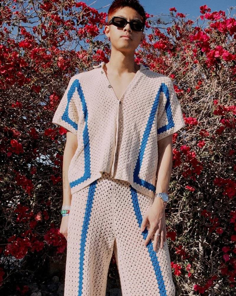 Crocheted Color-Blocked Button-Up Shirt and Pants Set