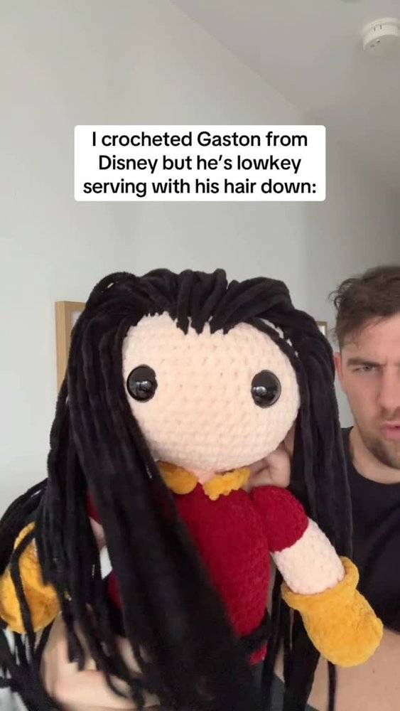 Crocheted Gaston Amigurumi with Flowing Hair