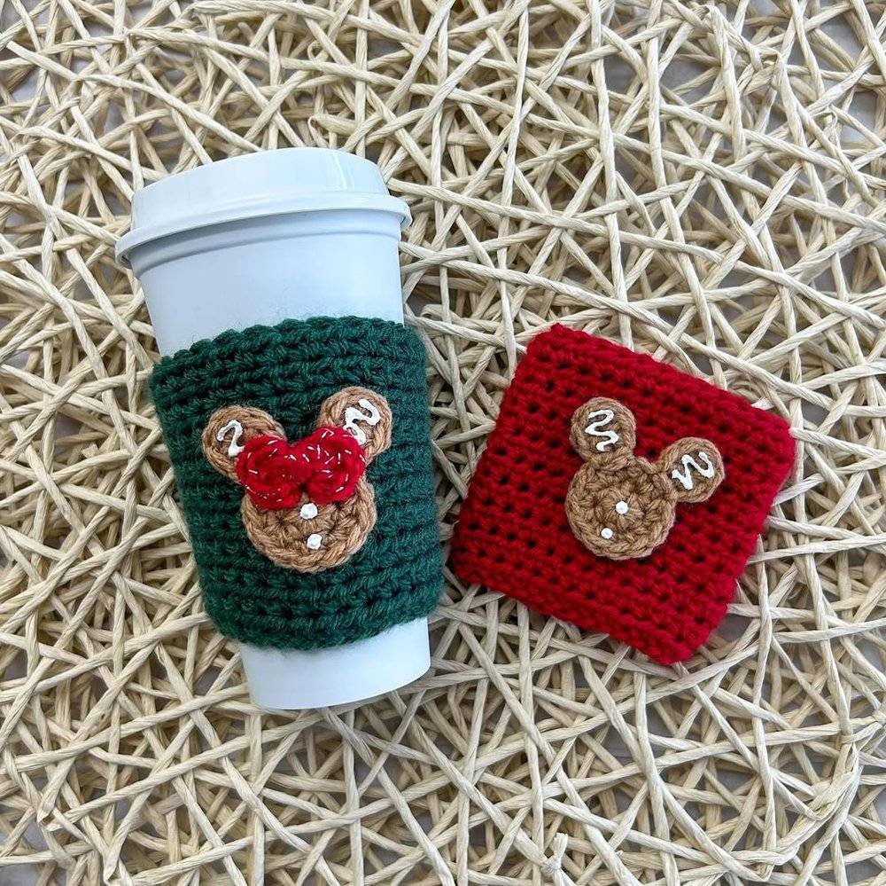 Crocheted Gingerbread Mickey Mouse Drink Cozies