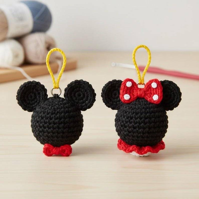 Crocheted Mickey and Minnie Mouse Keychains