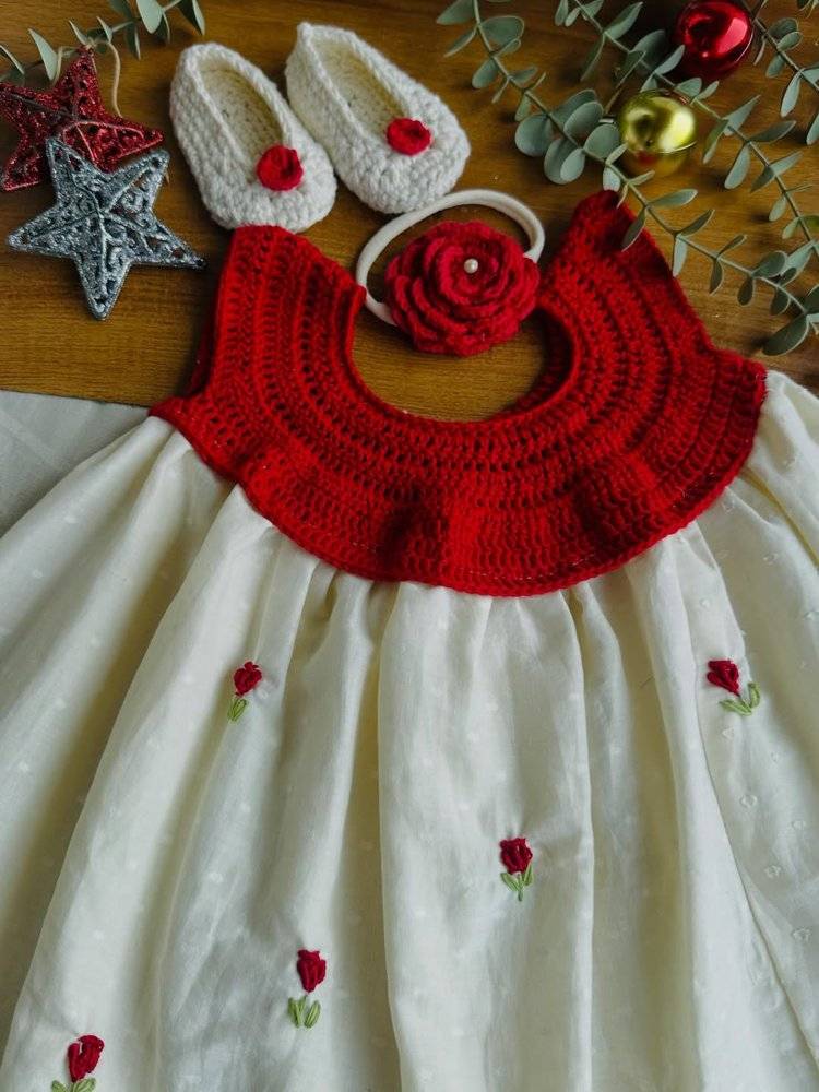 Crocheted Red Yoke Dress with Embroidered Roses and Matching Baby Booties