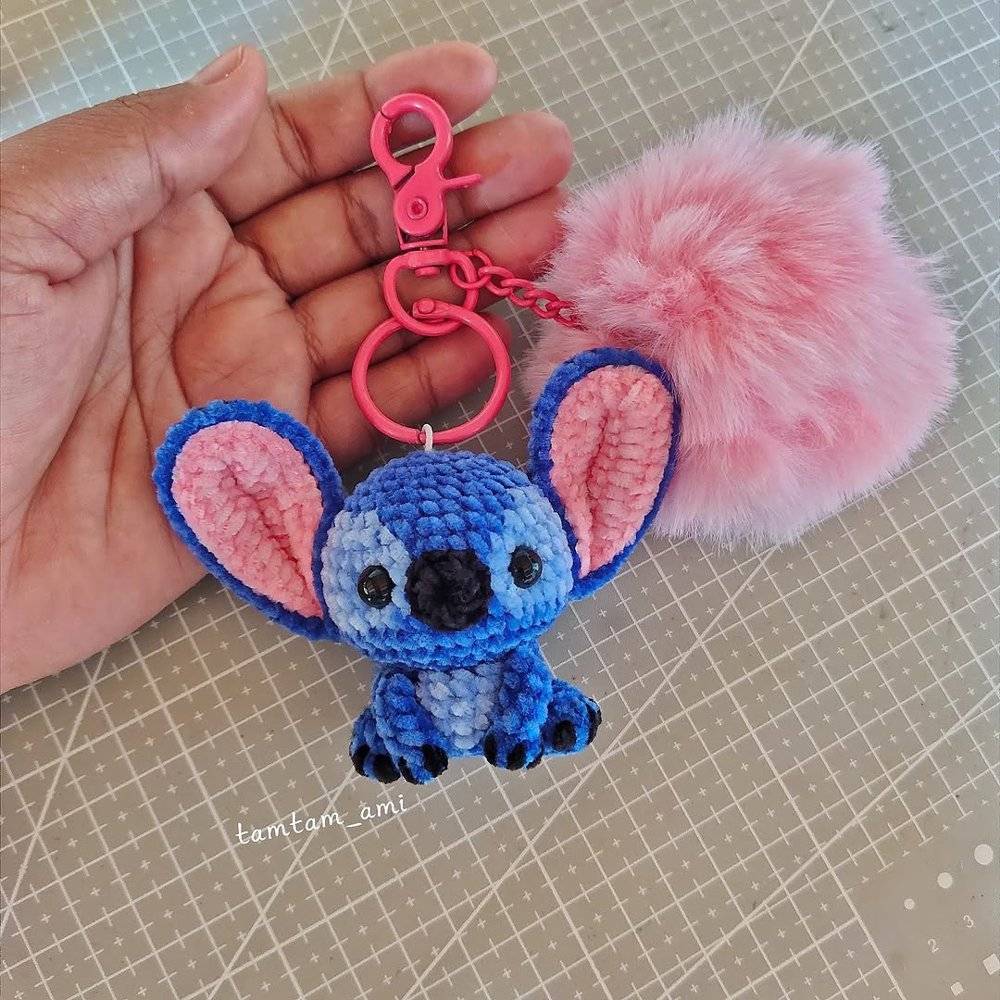 Crocheted Stitch Keychain with Fluffy Pom-Pom