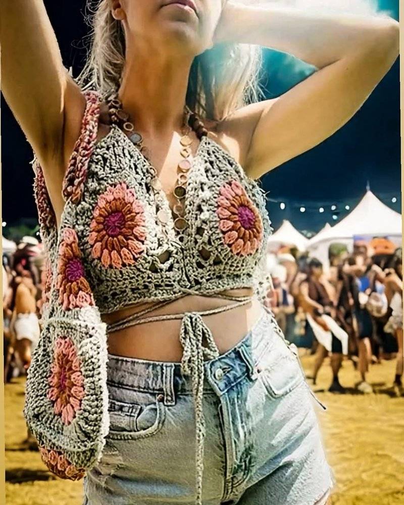 Crocheted Sunflower Halter Top and Bag