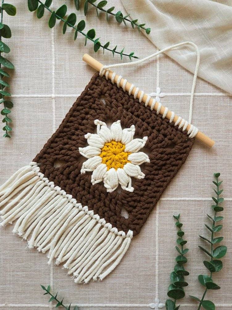 Crocheted Sunflower Wall Hanging with Fringe