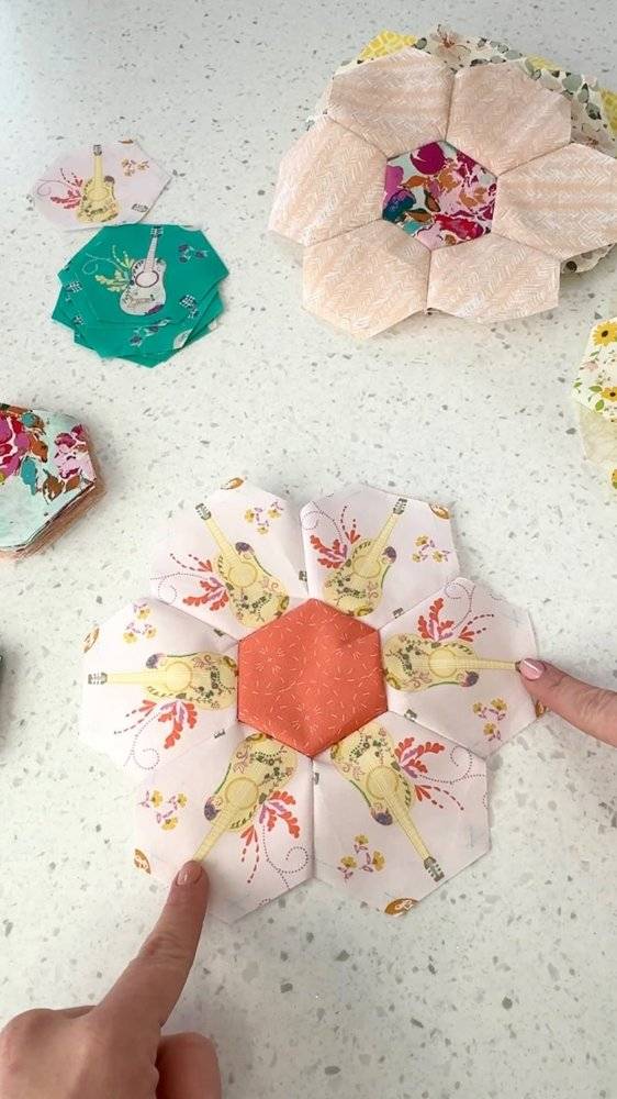 DIY Hexagon Fabric Flowers with Guitar Prints