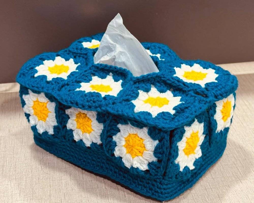 Daisy Granny Square Crochet Tissue Box Cover