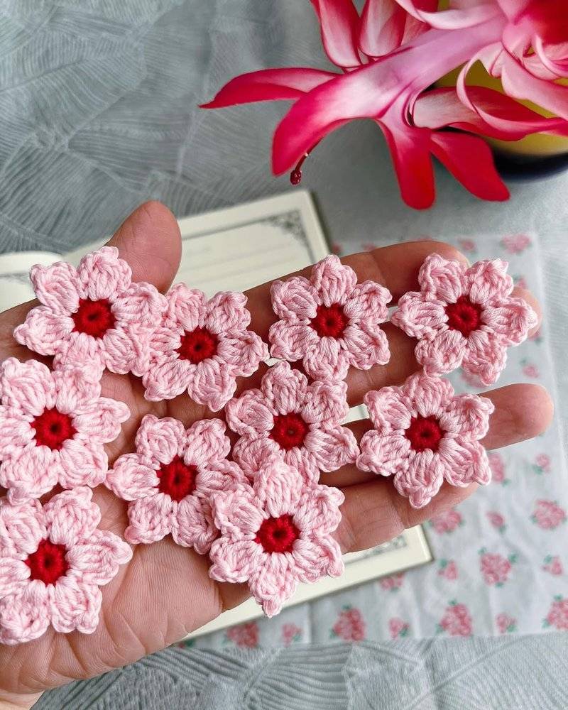 Delicate Pink Cherry Blossom Crochet Appliques
