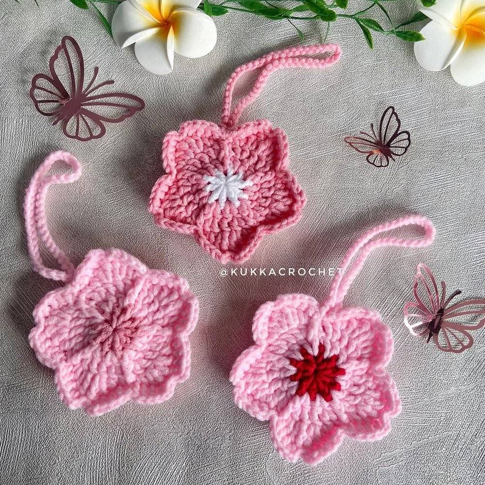 Delicate Pink Cherry Blossom Crochet Ornaments