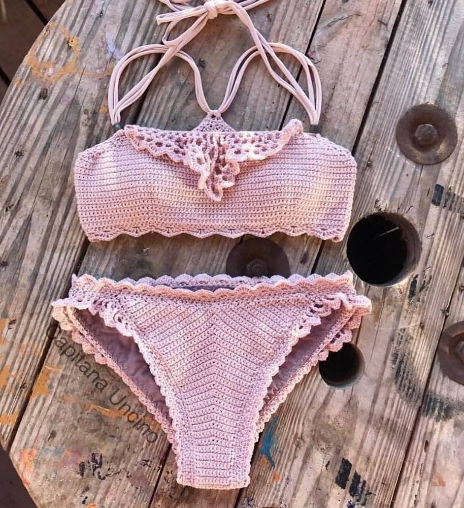 Delicate Pink Crochet Halter Bikini Set