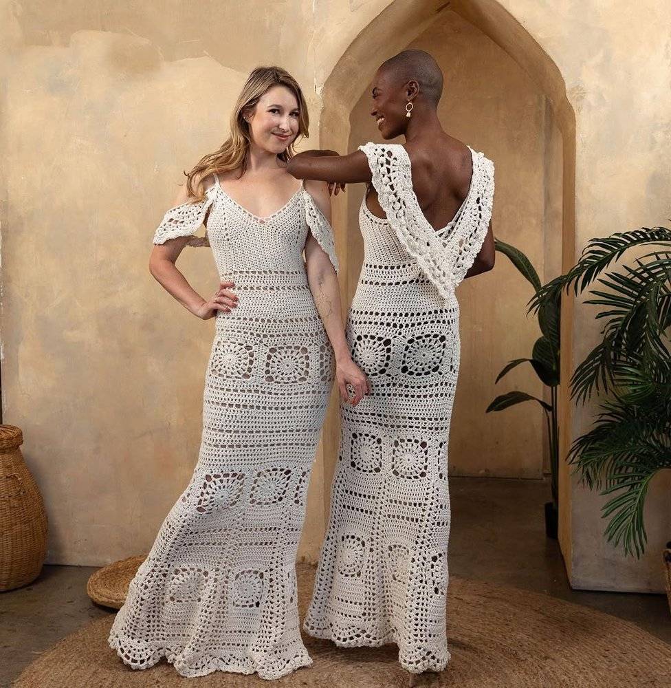 Elegant Off-the-Shoulder Crochet Wedding Gown