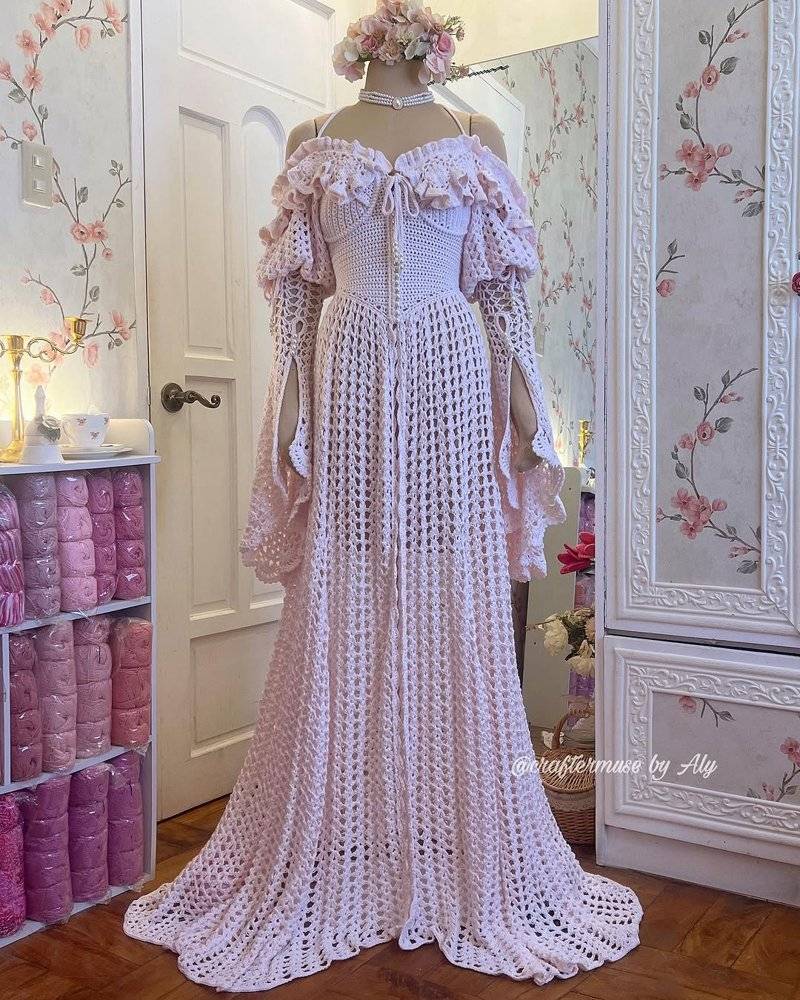 Enchanting Off-the-Shoulder Crochet Wedding Gown
